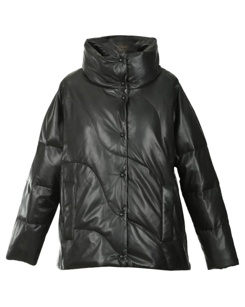 Women Puffer Short Sheepskin Leather Coat in Black
