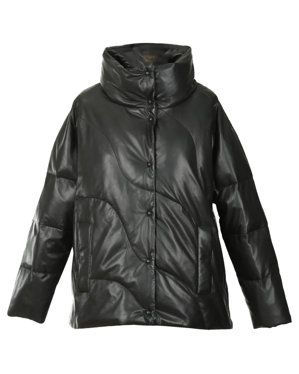 Women’s Puffer Short Sheepskin Leather Coat in Black