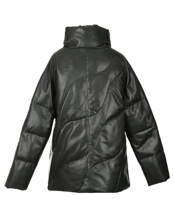 Women's Puffer Short Sheepskin Leather Coat in Black - Image 2