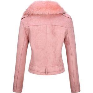 Women Moto Biker Pink Real Suede Leather Jacket