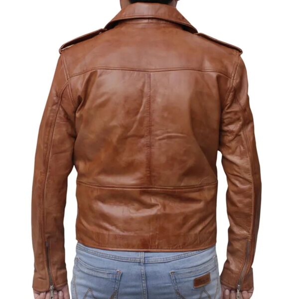 Men Slim Fit Cross Zip Sheepskin Leather Jacket in Brown - Image 9