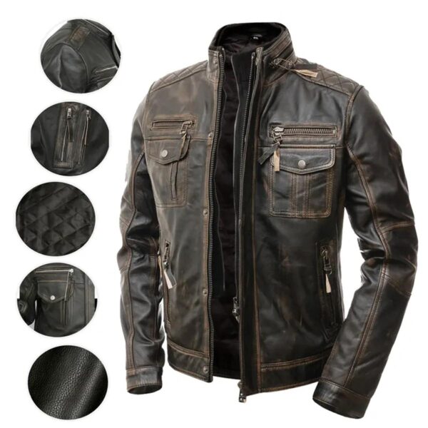 Men Motorcycle Distressed Brown Cafe Racer Leather Jacket - Image 6