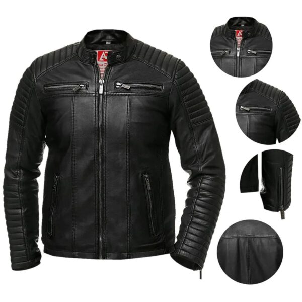 Men Vintage Retro Biker Genuine Leather Jacket in Black - Image 7