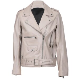 Women Nora White Belted Biker Sheepskin Leather Jacket