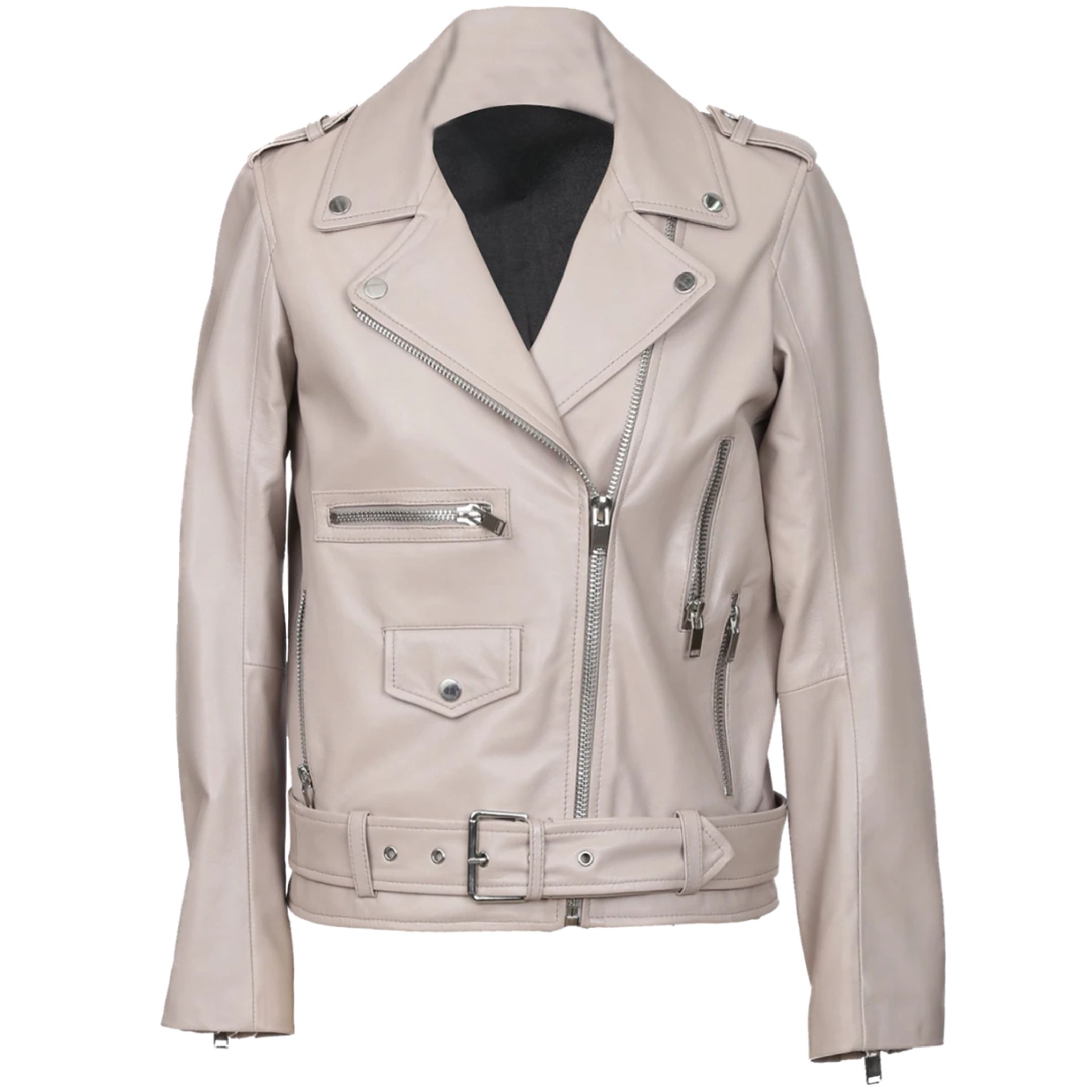 Women’s Nora White Belted Biker Sheepskin Leather Jacket