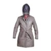 Women’s Grey Hooded Leather Overcoat With Belt - Image 4