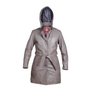 Women’s Grey Hooded Leather Overcoat With Belt