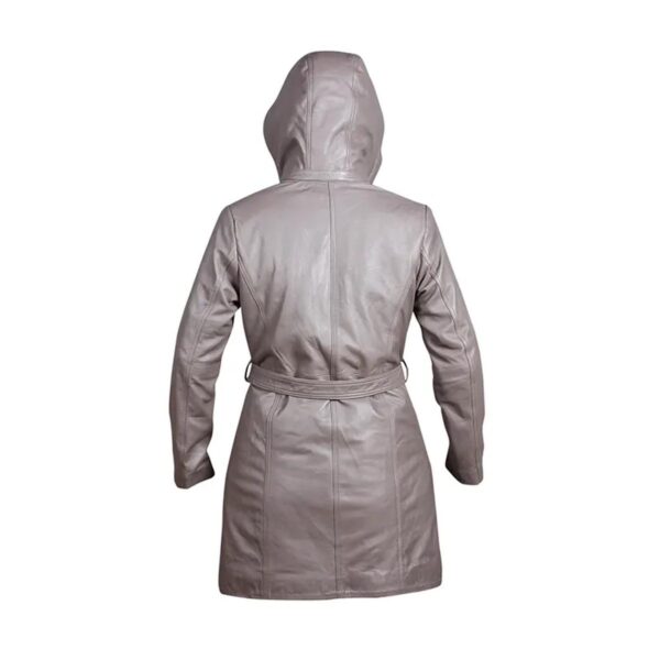 Women’s Grey Hooded Leather Overcoat With Belt - Image 5