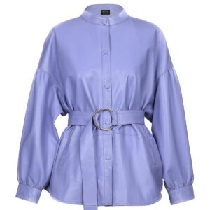 Women Belted Sheepskin Leather Shirt Jacket in Lavender