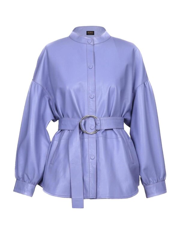 Women's Belted Sheepskin Leather Shirt Jacket in Lavender