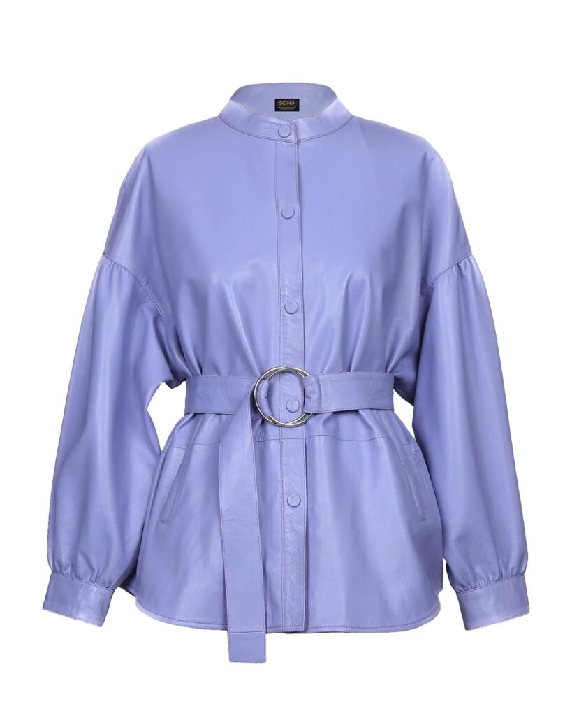 Women Belted Sheepskin Leather Shirt Jacket in Lavender