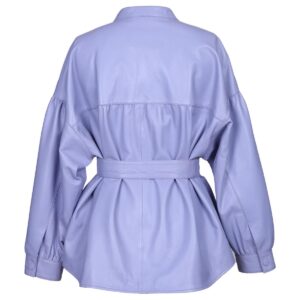 Women Belted Sheepskin Leather Shirt Jacket in Lavender