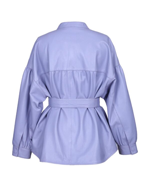 Women's Belted Sheepskin Leather Shirt Jacket in Lavender - Image 2