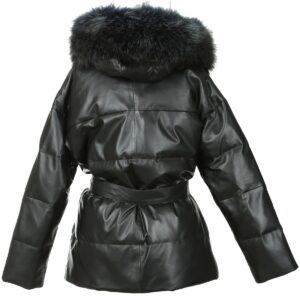 Women Fur Hooded Puffer Leather Jacket in Black