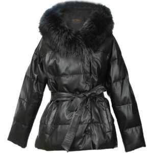 Women Fur Hooded Puffer Leather Jacket in Black