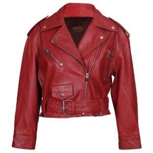 Women Short Biker Sheepskin Leather Jacket Red