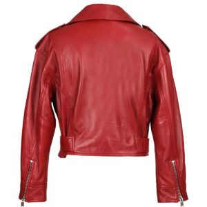 Women Short Biker Sheepskin Leather Jacket Red