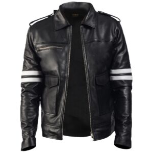 Men Stripped Biker Sheepskin Leather Jacket Black
