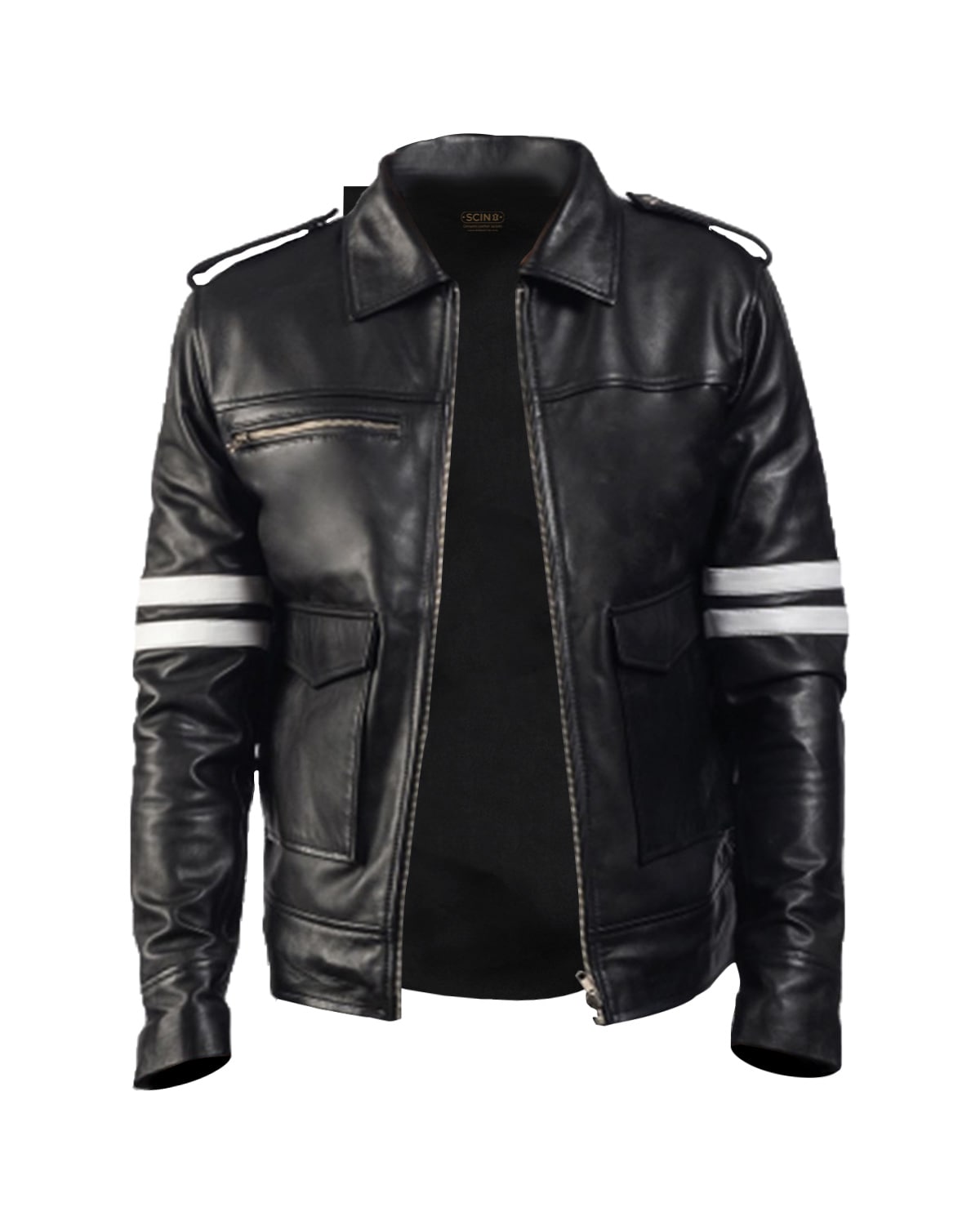 Men’s Stripped Biker Sheepskin Leather Jacket Black