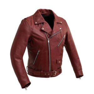 Men Motorcycle Sheepskin Leather Jacket in Maroon