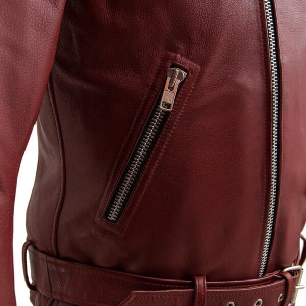 Men Motorcycle Sheepskin Leather Jacket in Maroon - Image 5