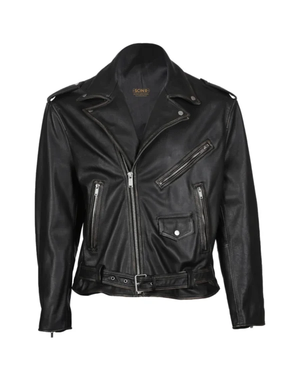 Men's Sheepskin Belted Biker Leather Jacket