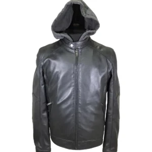Men Detachable Hood Biker Leather Jacket
