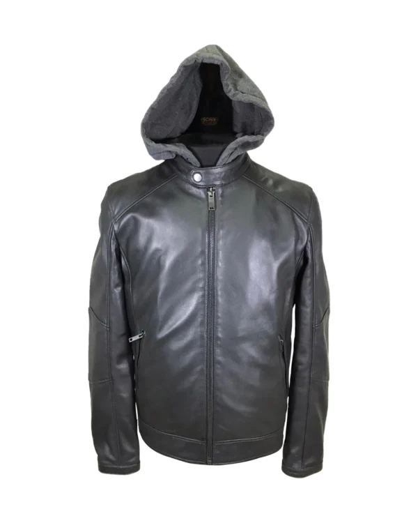 Men's Detachable Hood Biker Leather Jacket