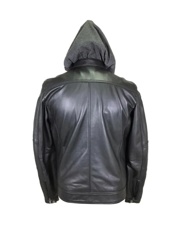 Men's Detachable Hood Biker Leather Jacket - Image 3