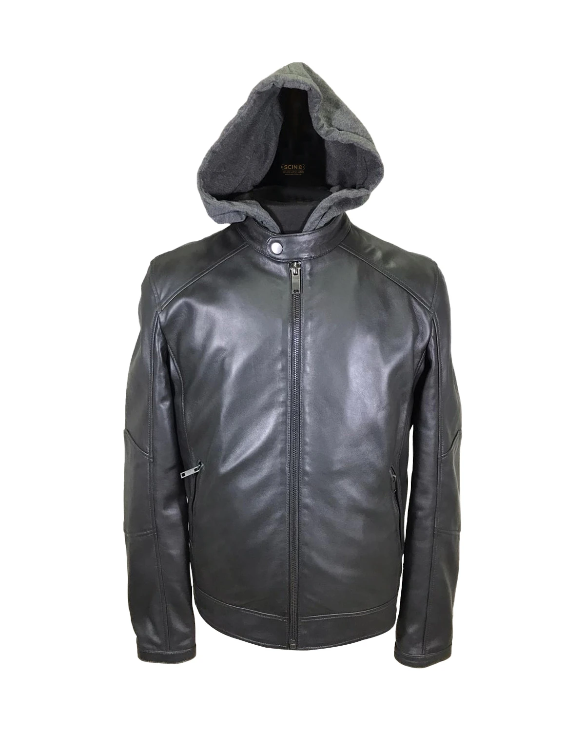 Men’s Detachable Hood Biker Leather Jacket