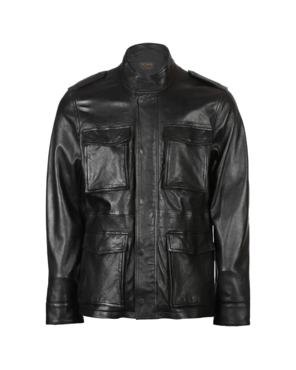 Men's Four Pocket Sheepskin Leather Jacket Black