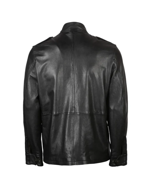 Men's Four Pocket Sheepskin Leather Jacket Black - Image 3