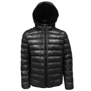 Men Hooded Leather Puffer Jacket