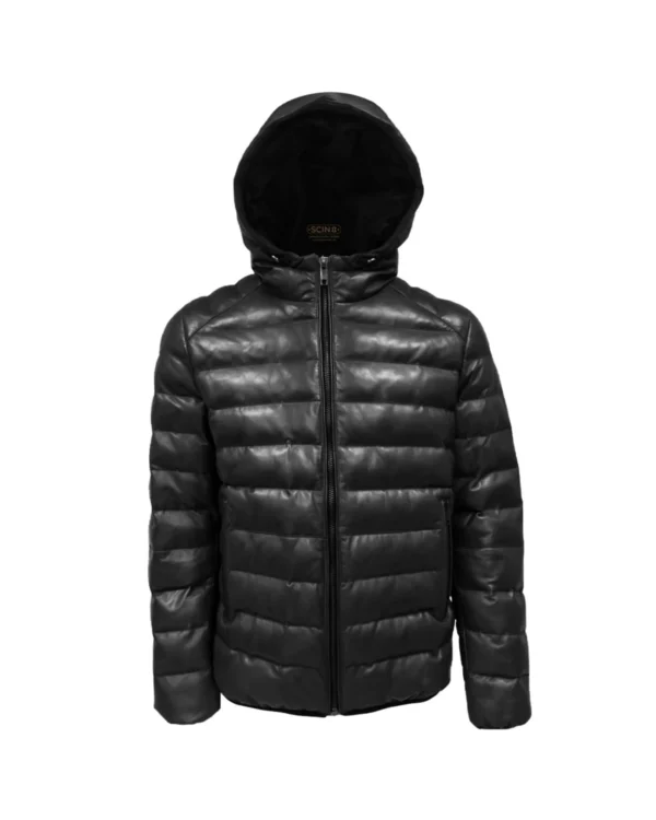 Men's Hooded Leather Puffer Jacket