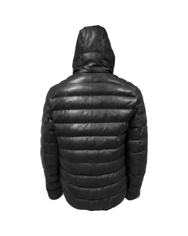 Men's Hooded Leather Puffer Jacket - Image 3