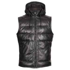 Men Hooded Leather Puffer Vest