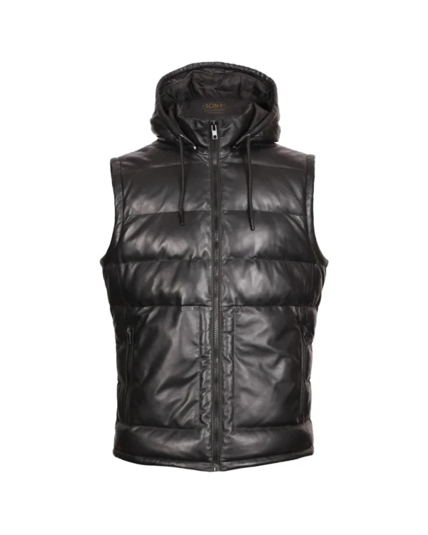 Men's Hooded Leather Puffer Vest