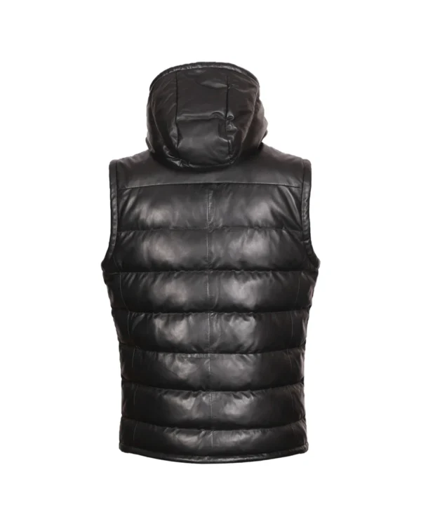 Men's Hooded Leather Puffer Vest - Image 3