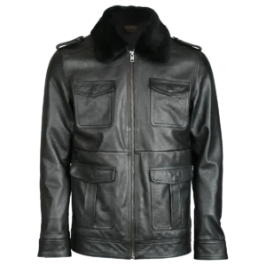 Men Patch Pocket Bomber Leather Jacket