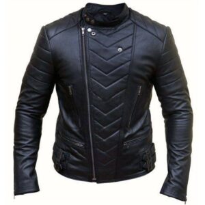 Men Black Biker Cross Zipper Sheepskin Leather Jacket