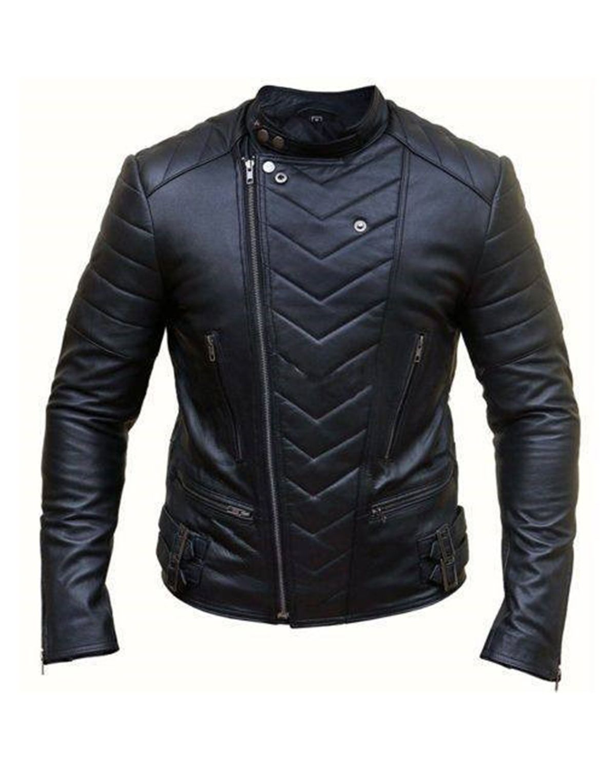 Men’s Black Biker Cross Zipper Sheepskin Leather Jacket