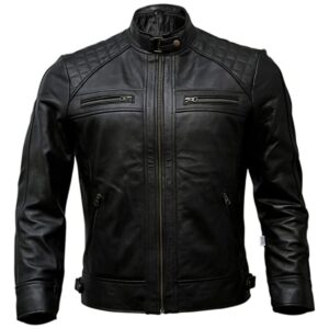 Men Sheepskin Classic Biker Leather Jacket Black