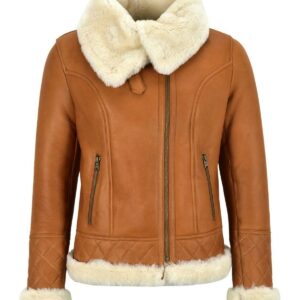 Women Sheepskin Aviator Bomber Leather Jacket Caramel