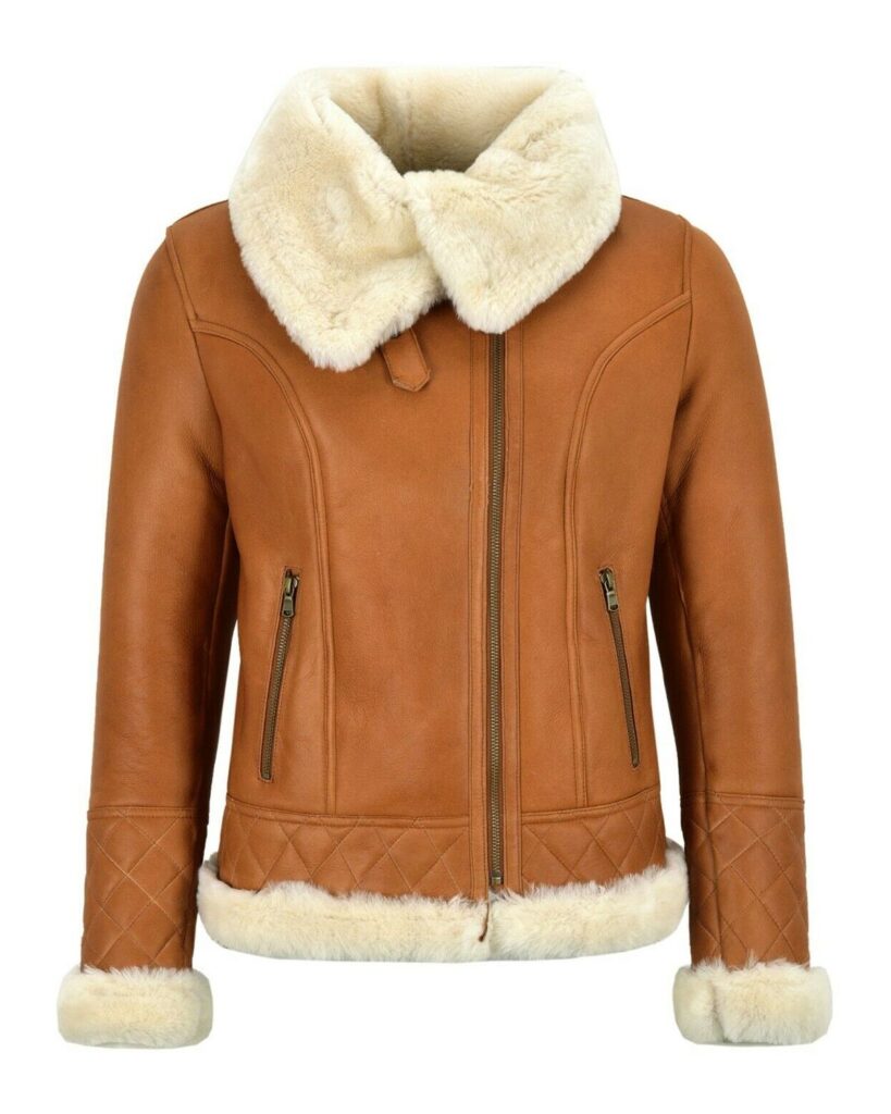 Women Sheepskin Aviator Bomber Leather Jacket Caramel