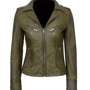 Women Classic Biker Real Leather Jacket in Olive Green
