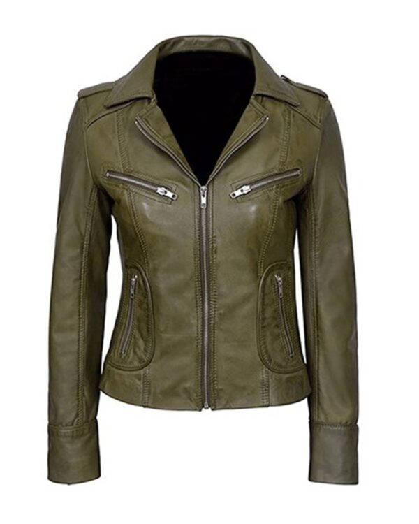 Women's Classic Biker Real Leather Jacket in Olive Green