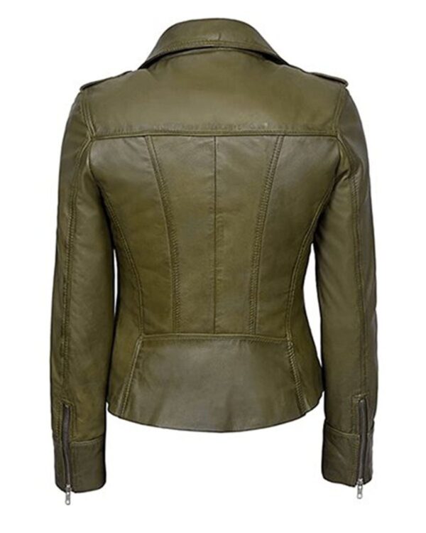 Women's Classic Biker Real Leather Jacket in Olive Green - Image 3