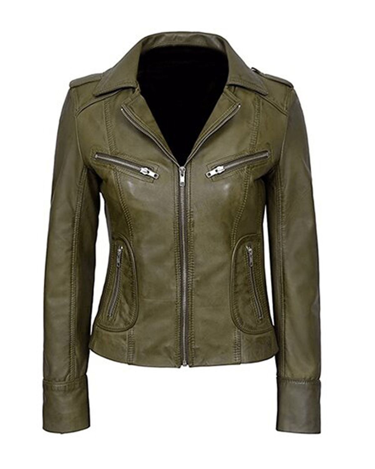 Women’s Classic Biker Real Leather Jacket in Olive Green