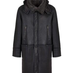 Men Sheepskin Hooded Leather Coat Black