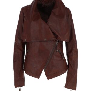 Women Classic Motorcycle Sheepskin Leather Jacket in Cognac